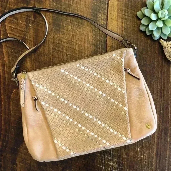 Elliot Lucca | Nude Leather Crossbody Bag w/Woven Pannel with Silver - Picture 1 of 11